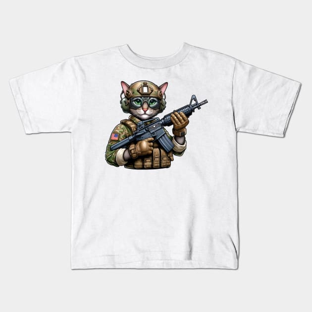 Tactical Cat Kids T-Shirt by Rawlifegraphic